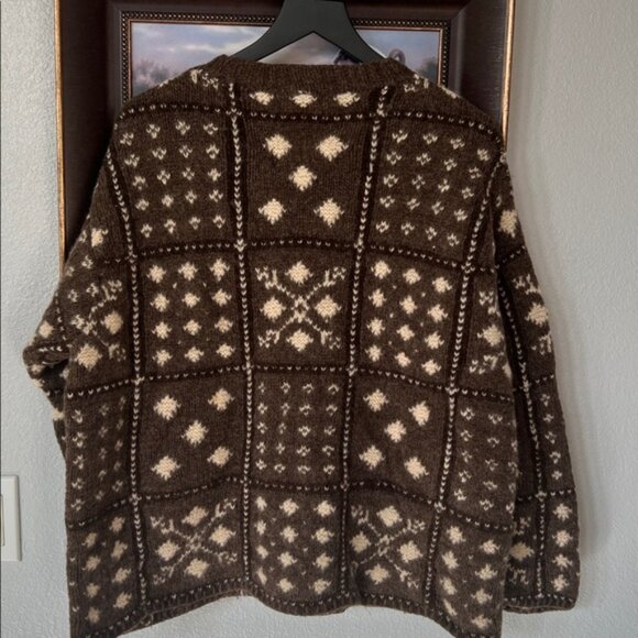 LIZ CLAIBORNE 90s Hand-Knitted Shetland Wool Nordic Sweater Brown Cream L - Picture 6 of 9